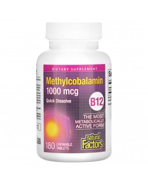 Natural Factors, B12, метилкобаламин, 1000 мкг, 180 жевательных таблеток Natural Factors, B12, метилкобаламин, 1000 мкг, 180 жевательных таблеток